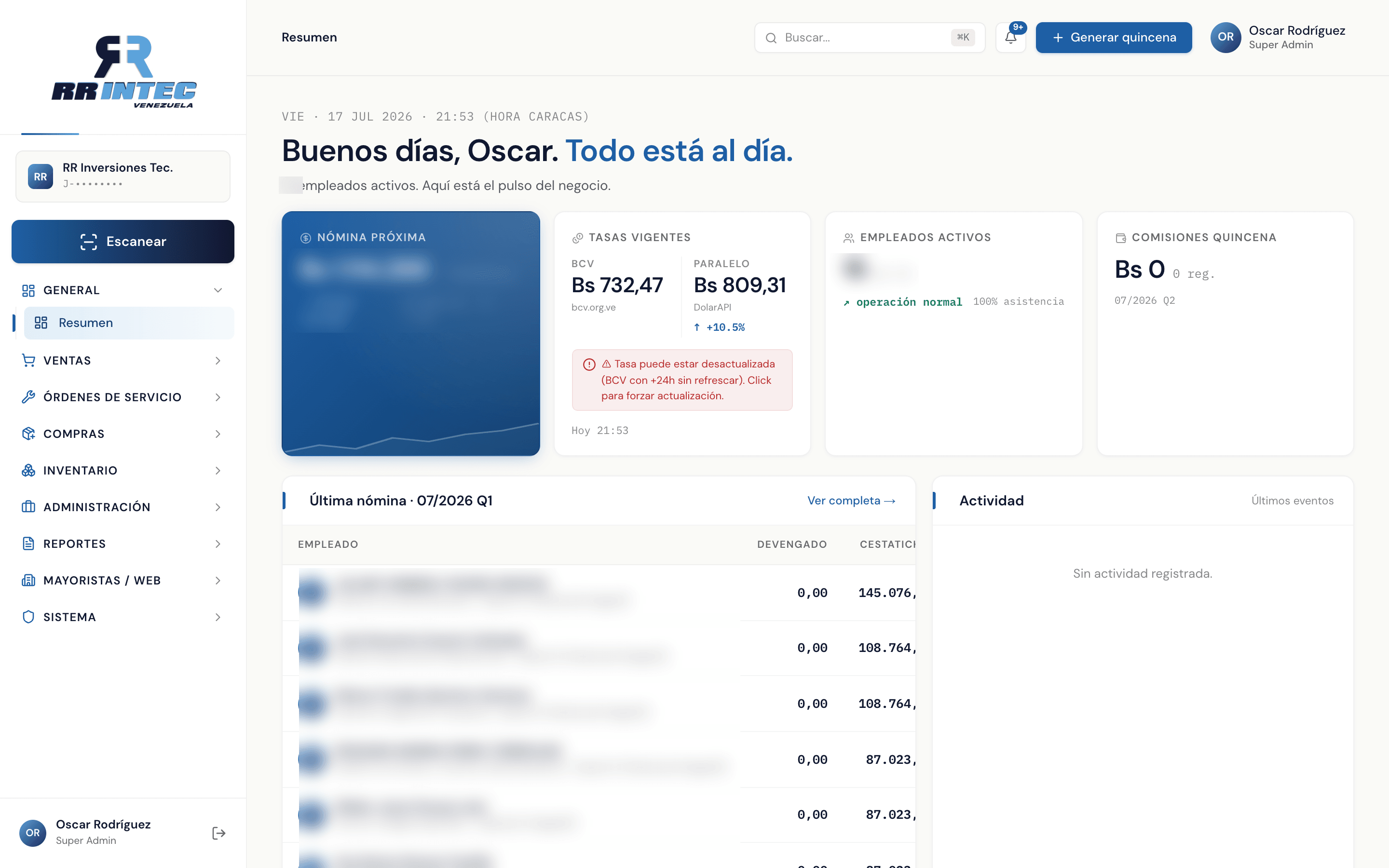 Pantalla real de RR INTEC Core, nuestro sistema de gestión empresarial